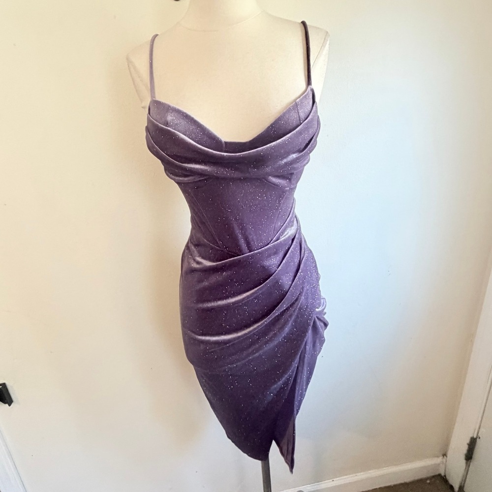 Y2K Purple Velvet Glitter Cowl Neck Ruched Bodycon Dress Small